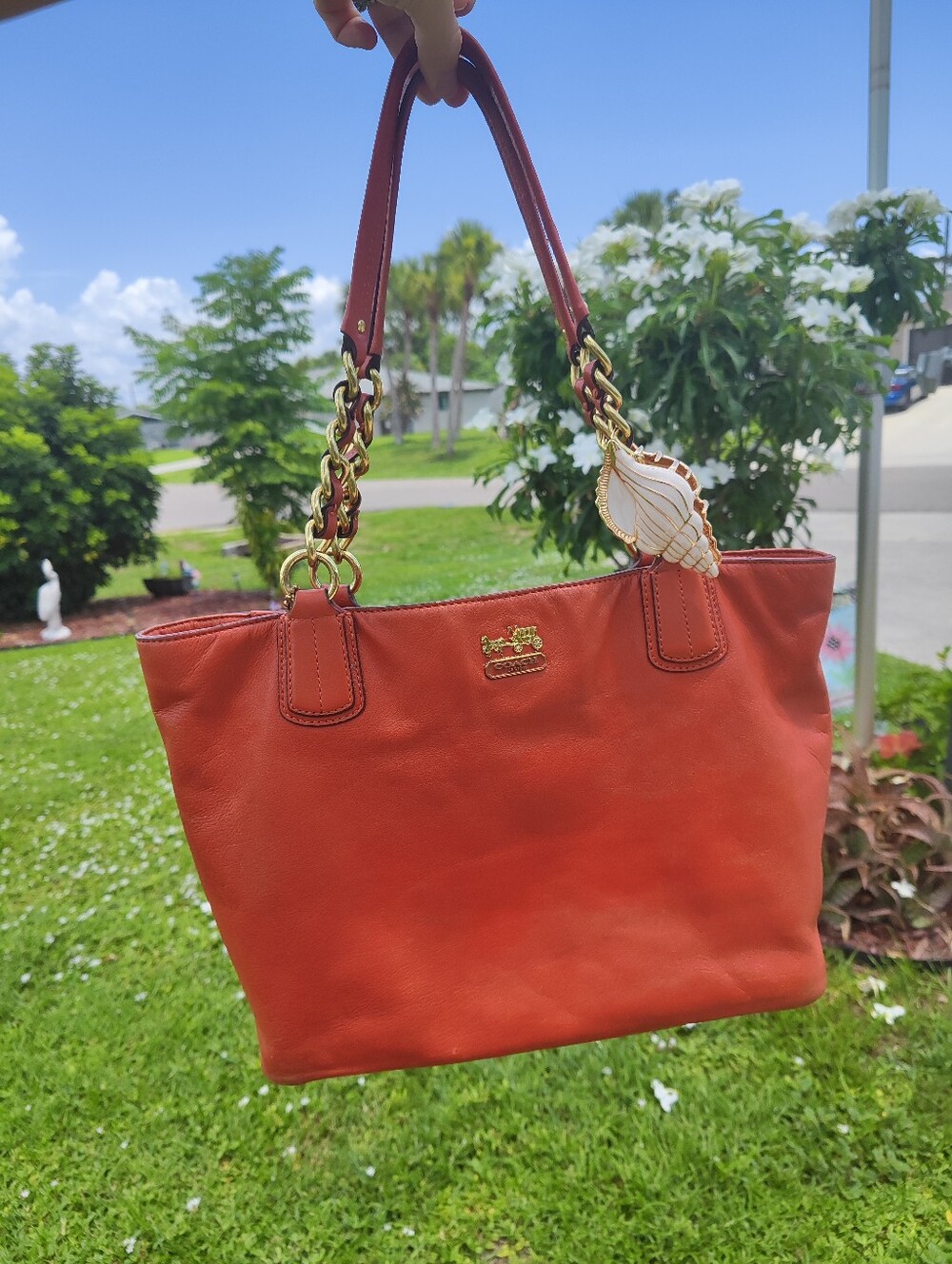 Coach Leather Tote in Rust Orange with Gold Chain Straps